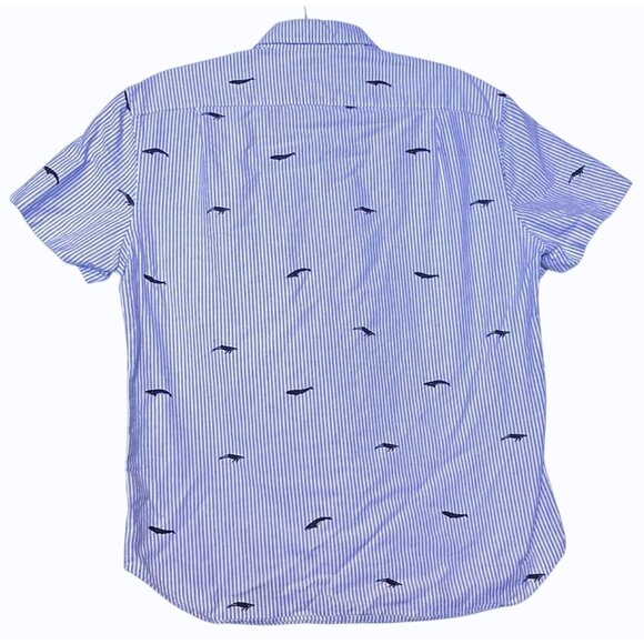 J Crew  Short Sleeve Blue‎ Striped Whale Embroidered Button Down Shirt Size Med - Picture 2 of 14